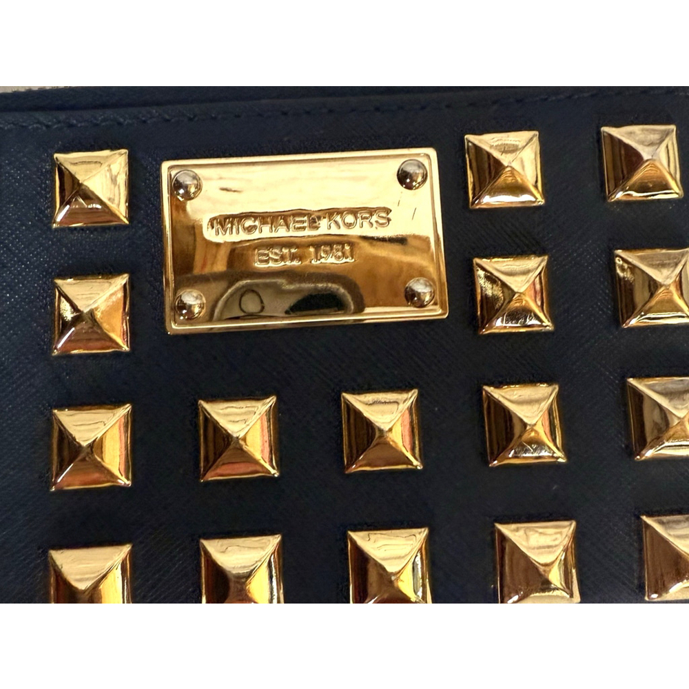Michael Kors Navy and Gold Studded Grayson Wristlet Small Clutch - Picture 9 of 15